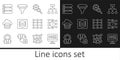 Set line Algorithm, Neural network, Processor CPU, Server, Data, Cloud database, and Funnel filter icon. Vector Royalty Free Stock Photo
