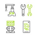 Set line Algorithm, Robot, Spanner and Assembly line icon. Vector