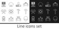 Set line Alien, Hammer, Loading, Police badge, Two crossed hammers, Mail server, and Network cloud connection icon