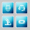 Set line Alien, Headphones, Microphone and Portable video game console icon. Vector