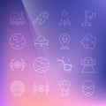 Set line Alien, UFO flying spaceship, Asteroid, Rocket, Planet Mars, rover and icon. Vector