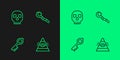 Set line All-seeing eye of God, Old magic key, Skull and Magic staff icon. Vector