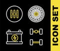 Set line Alloy wheel, Chassis car, Car battery and Gear shifter icon. Vector