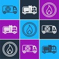 Set line Ambulance and emergency car, Fire flame and Fire truck icon. Vector