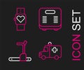 Set line Ambulance and emergency car, Treadmill machine, Bathroom scales and Smart watch icon. Vector