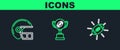 Set line American Football ball, football helmet and Award cup and icon. Vector
