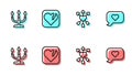 Set line Amour with heart and arrow, Candlestick, Broken or divorce and Heart in speech bubble icon. Vector