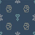 Set line Amour with heart and arrow, Dating app online mobile and Female gender symbol on seamless pattern. Vector