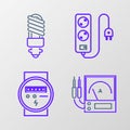 Set line Ampere meter, multimeter, voltmeter, Electric, extension cord and LED light bulb icon. Vector