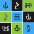 Set line Anchor, Antique treasure chest and Alcohol drink Rum icon. Vector