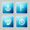 Set line Anchor, Fishing net with fish, Diving mask and snorkel and Compass icon. Vector Royalty Free Stock Photo