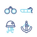 Set line Anchor, Jellyfish, Inflatable boat with motor and Binoculars icon. Vector