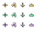 Set line Anchor, Kayak and paddle, Boat propeller and Folded paper boat icon. Vector