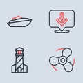 Set line Anchor, Lighthouse, Boat propeller and Speedboat icon. Vector