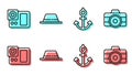 Set line Anchor, Photo camera, Man hat with ribbon and Photo camera icon. Vector