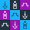 Set line Anchor, Picnic table with benches and Sunscreen spray bottle icon. Vector