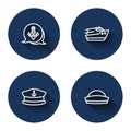 Set line Anchor, Speedboat, Captain hat and Sailor with long shadow. Blue circle button. Vector Royalty Free Stock Photo