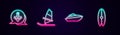 Set line Anchor, Windsurfing, Speedboat and Surfboard. Glowing neon icon. Vector