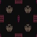 Set line Ancient Greek pattern, amphorae and Torch flame on seamless pattern. Vector