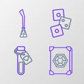 Set line Ancient magic book, Bottle with love potion, Game dice and Witches broom icon. Vector Royalty Free Stock Photo