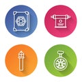 Set line Ancient magic book, Magic scroll, Magic staff and Unicycle or one wheel bicycle. Color circle button. Vector