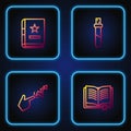 Set line Ancient magic book, Spell, and Bottle with love potion. Gradient color icons. Vector