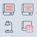 Set line Ancient magic book, Table lamp, Daily paper notepad and Books about programming icon. Vector Royalty Free Stock Photo
