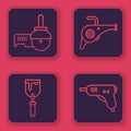 Set line Angle grinder, Putty knife, Leaf garden blower and Electric hot glue gun. Blue square button. Vector Royalty Free Stock Photo