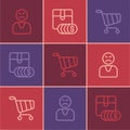 Set line Angry customer, Shopping cart and Item price tag with dollar icon. Vector