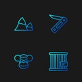 Set line Animal cage, Monkey, Mountains and Swiss army knife. Gradient color icons. Vector