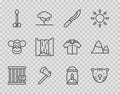 Set line Animal cage, Tiger head, Machete, Wooden axe, Arrow, Waterfall, Camping lantern and Mountains icon. Vector