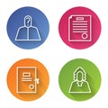 Set line Anonymous with question mark, The arrest warrant, Lawsuit paper and Judge. Color circle button. Vector
