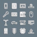 Set line Antenna, Smart Tv, Computer mouse, Warehouse, Electrical outlet, Microphone, Smartphone and Coffee machine icon