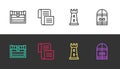 Set line Antique treasure chest, Decree, parchment, scroll, Castle tower and Medieval castle gate on black and white Royalty Free Stock Photo