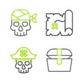 Set line Antique treasure chest, Pirate captain, map and icon. Vector Royalty Free Stock Photo