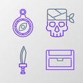 Set line Antique treasure chest, Pirate sword, captain and Compass icon. Vector Royalty Free Stock Photo