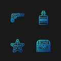 Set line Antique treasure chest, Starfish, Vintage pistols and Alcohol drink Rum. Gradient color icons. Vector