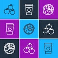 Set line Apple, Pizza and Coffee cup to go icon. Vector