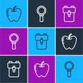 Set line Apple, School backpack and Magnifying glass icon. Vector Royalty Free Stock Photo