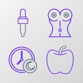 Set line Apple, Time to sleep, Women waist and Pipette with oil icon. Vector Royalty Free Stock Photo