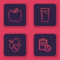 Set line Apple, Vitamin pill, Glass with water and Sport training program. Blue square button. Vector