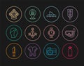 Set line Aqualung, Diving mask with snorkel, Shark, Anchor, hood, watch and Scallop sea shell icon. Vector