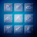 Set line Aqualung, Jet ski, Windsurfing, Ski goggles, Mountains, Bicycle, Skates and Helmet icon. Vector