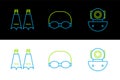 Set line Aqualung, Rubber flippers for swimming and Glasses and cap icon. Vector