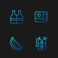 Set line Aqualung, Watermelon, Life jacket and Travel postcard. Gradient color icons. Vector