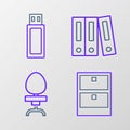 Set line Archive papers drawer, Office chair, folders with and documents and USB flash drive icon. Vector