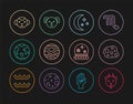 Set line Aries zodiac, Asteroid, Moon and stars, Planet Venus, Earth, Monkey, Magic ball and Dog icon. Vector