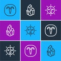 Set line Aries zodiac, Sun and Magic stone icon. Vector Royalty Free Stock Photo