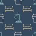 Set line Armchair, Big bed and Table lamp on seamless pattern. Vector