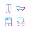 Set line Armchair, Wardrobe, Wardrobe and Bathtub. Gradient color icons. Vector